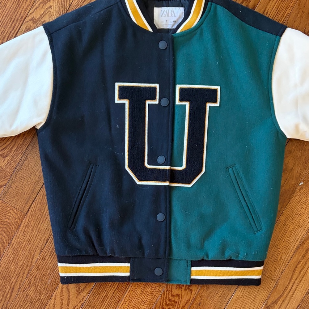 Zara Navy, Green & White Colorblock Letterman Jacket - Picture 4 of 6